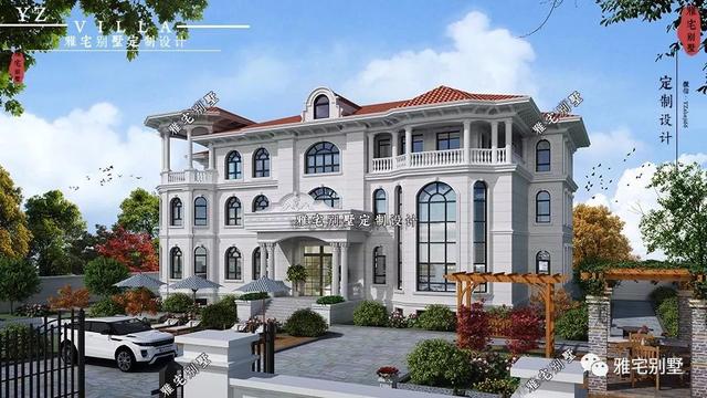 三層千平歐式豪華別墅設計圖，挑空客廳，頂層八角涼亭。