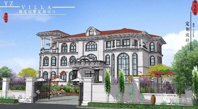 三層千平歐式豪華別墅設計圖，挑空客廳，頂層八角涼亭。