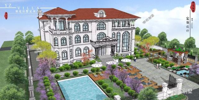 三層千平歐式豪華別墅設計圖，挑空客廳，頂層八角涼亭。