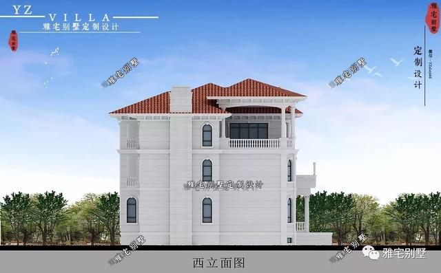 三層千平歐式豪華別墅設計圖，挑空客廳，頂層八角涼亭。