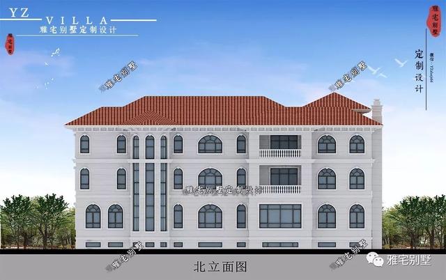 三層千平歐式豪華別墅設計圖，挑空客廳，頂層八角涼亭。