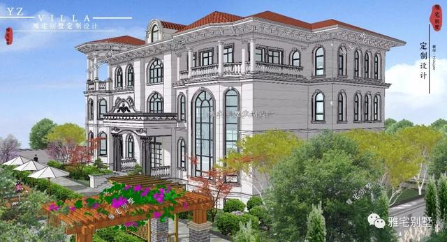 三層千平歐式豪華別墅設計圖，挑空客廳，頂層八角涼亭。