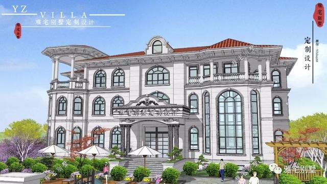 三層千平歐式豪華別墅設計圖，挑空客廳，頂層八角涼亭。