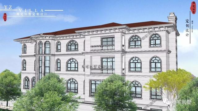 三層千平歐式豪華別墅設計圖，挑空客廳，頂層八角涼亭。