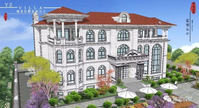 三層千平歐式豪華別墅設計圖，挑空客廳，頂層八角涼亭。