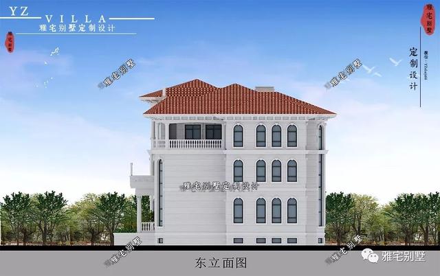 三層千平歐式豪華別墅設計圖，挑空客廳，頂層八角涼亭。