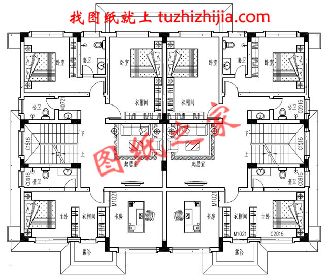 農村三層雙拼別墅戶型圖及全套施工圖紙，帶書房，帶衣帽間