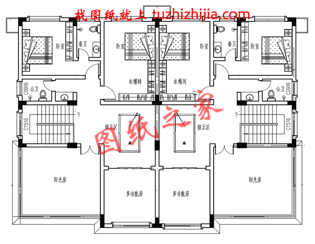 農村三層雙拼別墅戶型圖及全套施工圖紙，帶書房，帶衣帽間