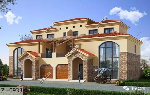 三層歐式雙拼別墅設計圖紙，單戶尺寸12×12米，還有挑空客廳、落地窗，體面又大氣