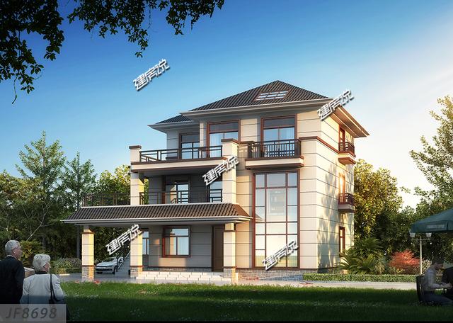 帶車庫大露臺的中式三層別墅設計圖，建一棟就是大大的享受