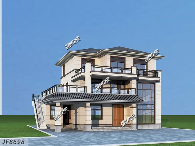 帶車庫大露臺的中式三層別墅設計圖，建一棟就是大大的享受