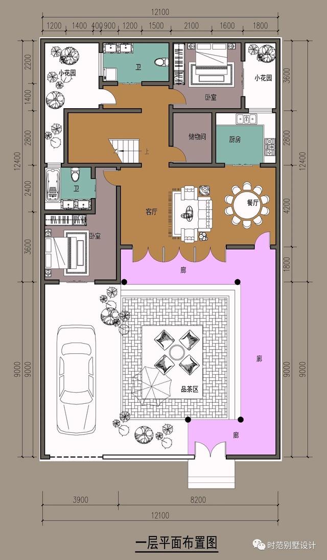 中式二層別墅戶型圖紙，面寬12米兩側無采光，5室3廳5衛，適合農村自建