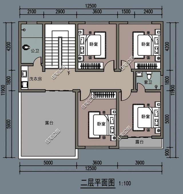 12x12米農村二層別墅設計圖，大堂屋、5室2廳，適合養老生活