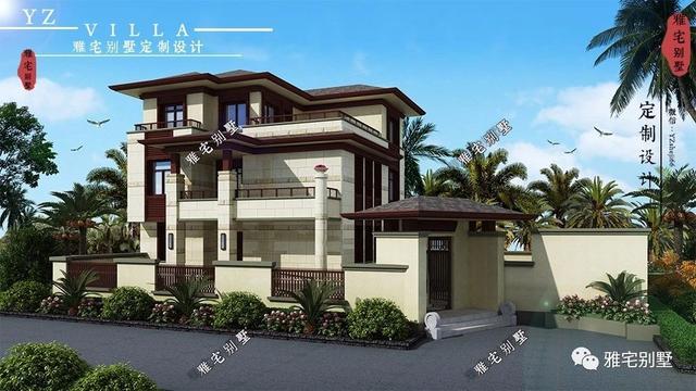 帶地下室的農(nóng)村三層新中式別墅設(shè)計圖，挑空客廳，大露臺設(shè)計。