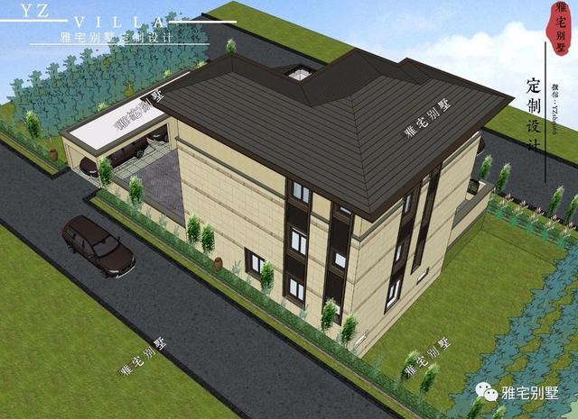 帶地下室的農(nóng)村三層新中式別墅設(shè)計圖，挑空客廳，大露臺設(shè)計。