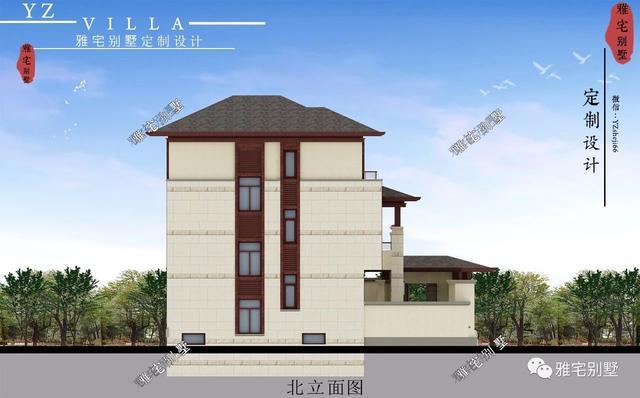 帶地下室的農(nóng)村三層新中式別墅設(shè)計圖，挑空客廳，大露臺設(shè)計。