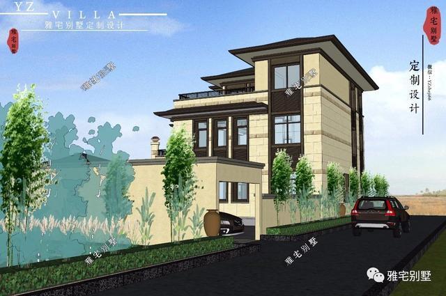 帶地下室的農(nóng)村三層新中式別墅設(shè)計圖，挑空客廳，大露臺設(shè)計。