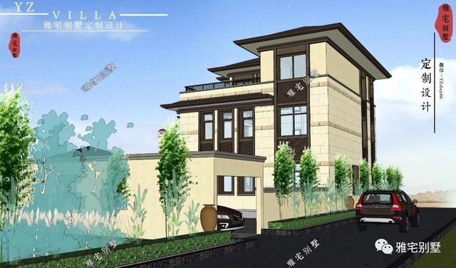 帶地下室的農(nóng)村三層新中式別墅設(shè)計圖，挑空客廳，大露臺設(shè)計。