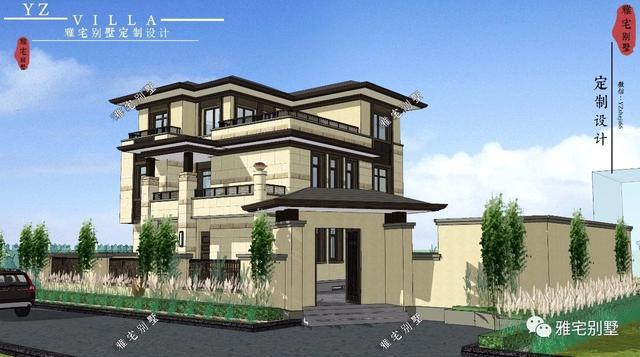 帶地下室的農(nóng)村三層新中式別墅設(shè)計圖，挑空客廳，大露臺設(shè)計。