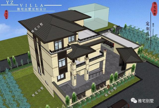 帶地下室的農(nóng)村三層新中式別墅設(shè)計圖，挑空客廳，大露臺設(shè)計。