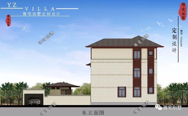 帶地下室的農(nóng)村三層新中式別墅設(shè)計圖，挑空客廳，大露臺設(shè)計。