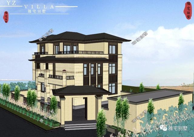 帶地下室的農(nóng)村三層新中式別墅設(shè)計圖，挑空客廳，大露臺設(shè)計。