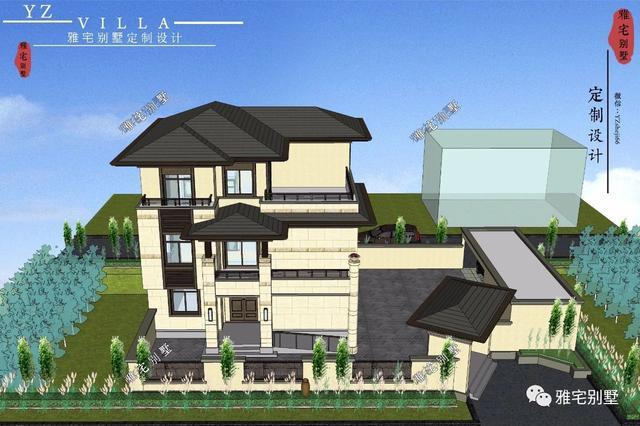 帶地下室的農(nóng)村三層新中式別墅設(shè)計圖，挑空客廳，大露臺設(shè)計。