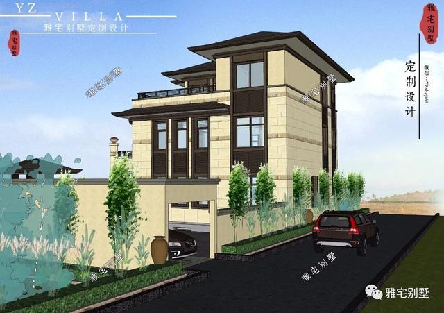 帶地下室的農(nóng)村三層新中式別墅設(shè)計圖，挑空客廳，大露臺設(shè)計。