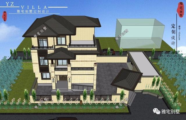 帶地下室的農(nóng)村三層新中式別墅設(shè)計圖，挑空客廳，大露臺設(shè)計。