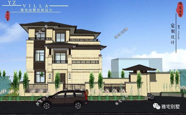 帶地下室的農(nóng)村三層新中式別墅設(shè)計圖，挑空客廳，大露臺設(shè)計。