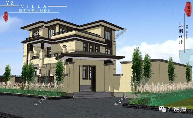 帶地下室的農(nóng)村三層新中式別墅設(shè)計圖，挑空客廳，大露臺設(shè)計。