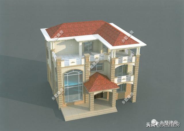 12.3X10.4米三層歐式樓房設計圖，超大落地窗戶挑空大客廳+大露臺！