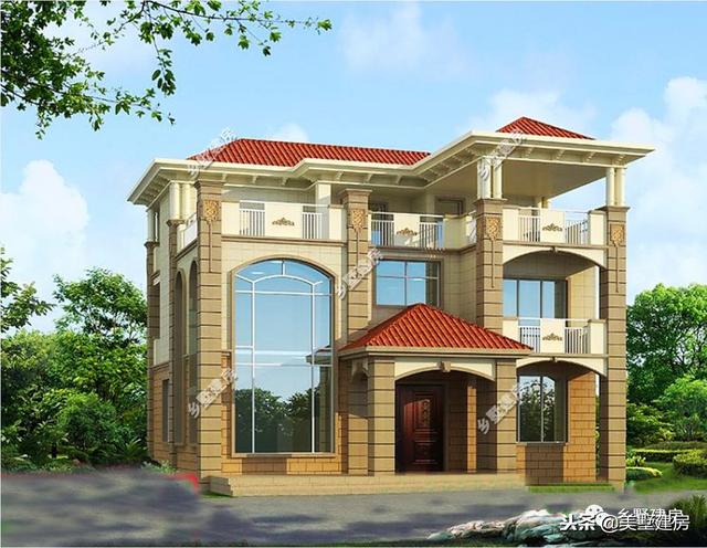 12.3X10.4米三層歐式樓房設計圖，超大落地窗戶挑空大客廳+大露臺！