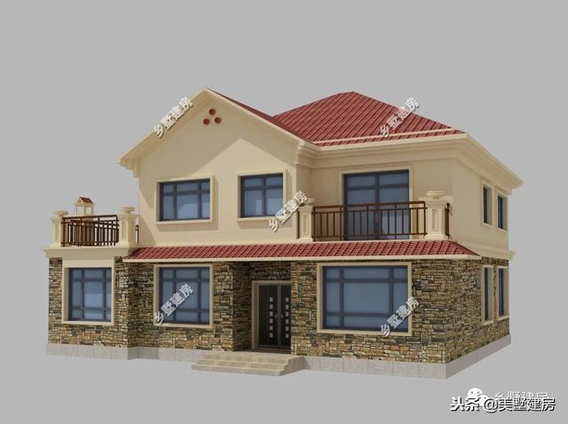 15.5×12米農村二層經典小樓設計圖，時尚的文化石外墻搭配紅色的琉璃瓦，美好鄉村生活從這里開始。