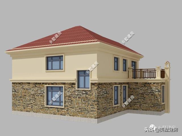 15.5×12米農村二層經典小樓設計圖，時尚的文化石外墻搭配紅色的琉璃瓦，美好鄉村生活從這里開始。