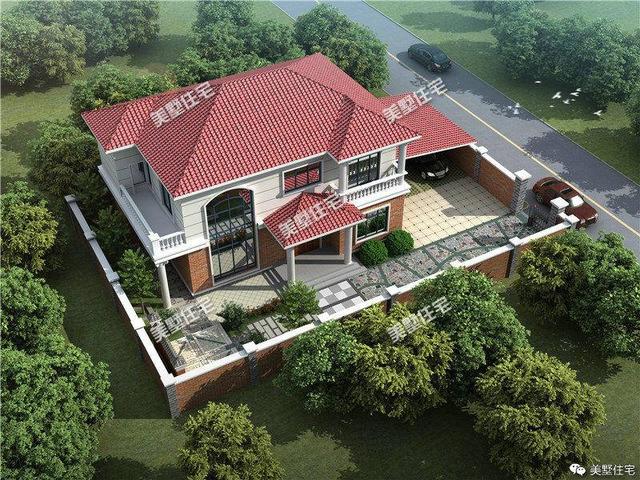 15x12米二層小洋樓設(shè)計(jì)圖，帶大院，紅色坡屋頂加真石漆外墻好看極了！