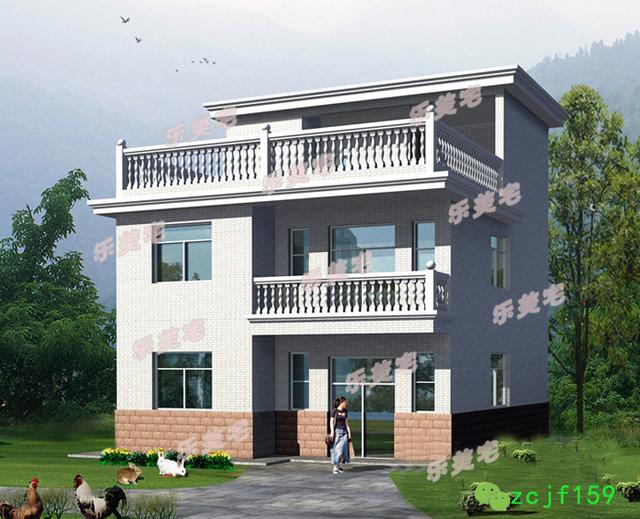 90平米鄉村經典平屋頂大露臺三層設計圖，外觀沉穩大氣，簡約時尚