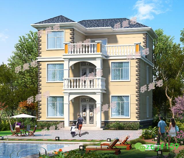 三層帶露臺別墅設計圖，1帶車庫層2外觀清新！