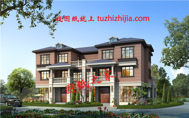 新款農(nóng)村三層雙拼聯(lián)體別墅戶型圖,客廳中空,單戶120平米左右