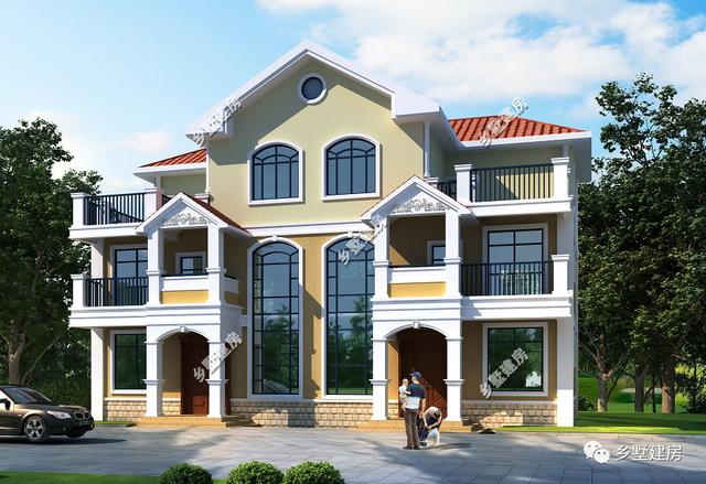 簡歐風農村雙拼自建房設計圖，客廳挑空，時尚又大氣