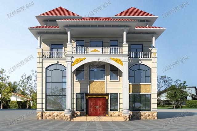 四層農(nóng)村獨(dú)棟別墅設(shè)計(jì)圖，左右對(duì)稱形式，很氣派