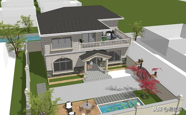 二層歐式別墅自建房，造價44萬，帶有庭院露臺，農村自建劃算！