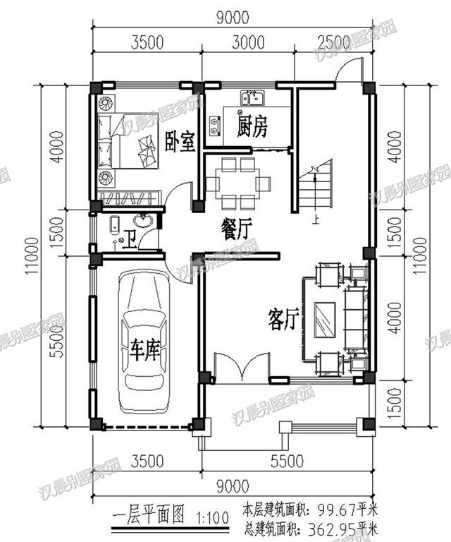 一側(cè)無窗的農(nóng)村四層別墅設(shè)計圖，帶車庫和大露臺，漂亮極了。