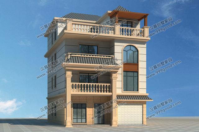 一側(cè)無窗的農(nóng)村四層別墅設(shè)計圖，帶車庫和大露臺，漂亮極了。