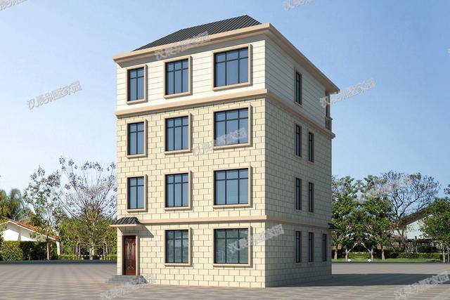 一側(cè)無窗的農(nóng)村四層別墅設(shè)計圖，帶車庫和大露臺，漂亮極了。