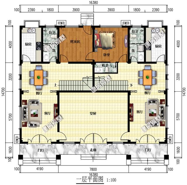 占地230平三層雙拼別墅設(shè)計(jì)圖，共用超大空間堂屋，單戶8間臥室。