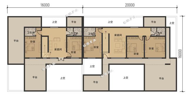 簡約現代二層住宅設計圖，造型端莊質樸，多露臺，多庭院