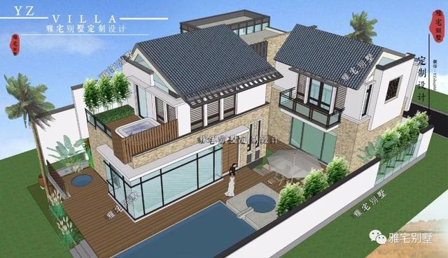 130平兩層新中式度假別墅設計圖，帶庭院泳池露臺。