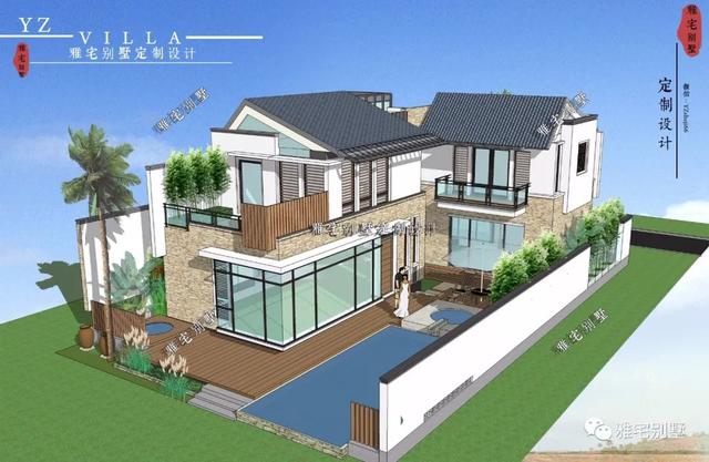 130平兩層新中式度假別墅設計圖，帶庭院泳池露臺。