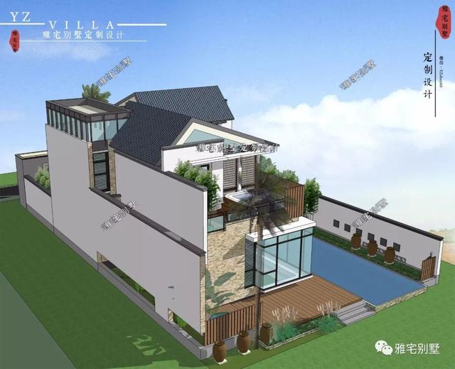 130平兩層新中式度假別墅設計圖，帶庭院泳池露臺。